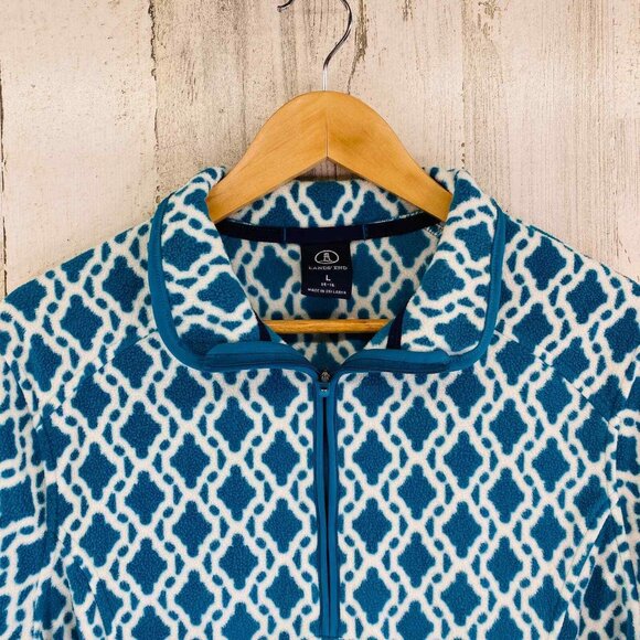 Lands End Pullover Fleece Sweatshirt Large 14-16 Teal Blue White Diamond 1/4 Zip - Picture 3 of 12
